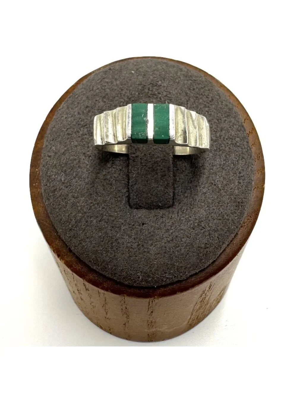 Sterling Silver 925 Malachite Inlay Ridged Band 3.5mm Wide Ring Size 7